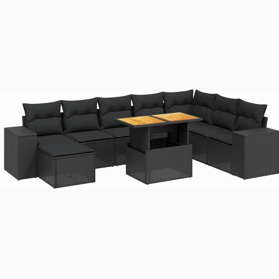vidaXL 9-delige Loungeset met kussens poly rattan zwart