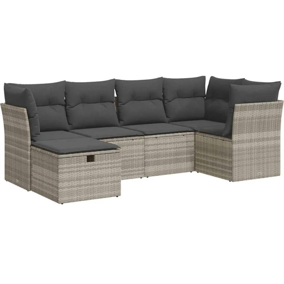 vidaXL 6-delige Loungeset met kussens poly rattan lichtgrijs grijs, foto 3