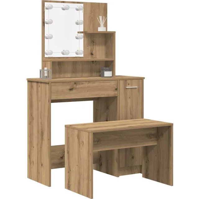 vidaXL Kaptafelset met LED-verlichting bewerkt hout artisanaal eiken Bruin