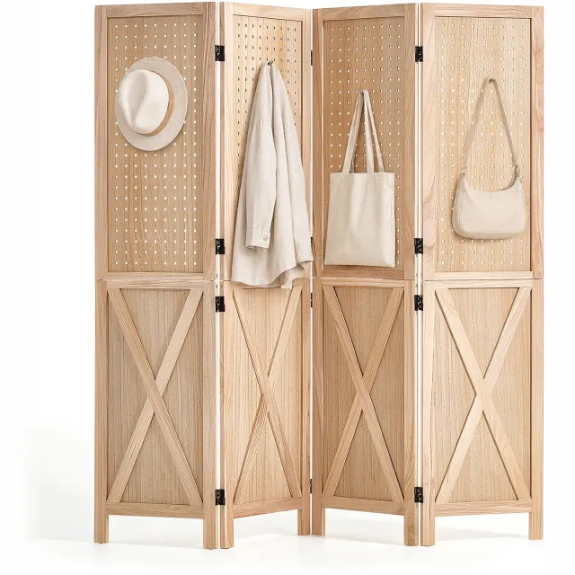 Vevor Opklapbare Kamerscherm, Hout, 4 Panelen, 1520 mm Geperforeerde Wandplaat, voor Kamerverdeling en Huisdecoratie, Stevig Frame met X-Patroon, 360° Draaibare Scharnieren, Rustieke Houten Scheidingswand met Bevestigingsmateriaal