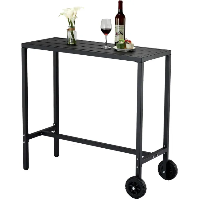 HOERFURIY Mobiele Bartafel Op Wieltjes - Weerbestendige Stalen Tafel Met Verstelbare Voeten - Voor Tuin, Balkon En Keuken - 99cm Zwart