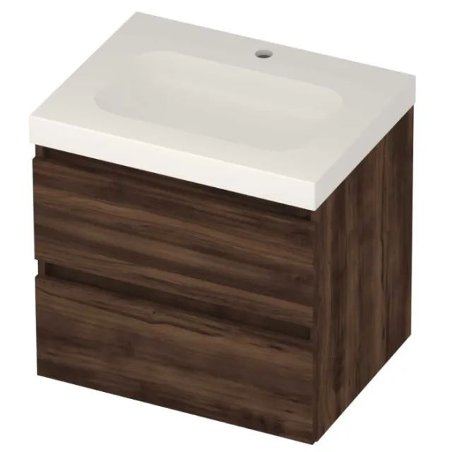 Basic-Line Moby 46 Badmeubelset Polystone 1 Kraangat Greeploos 60x46x58 cm Barista Oak Glans Wit