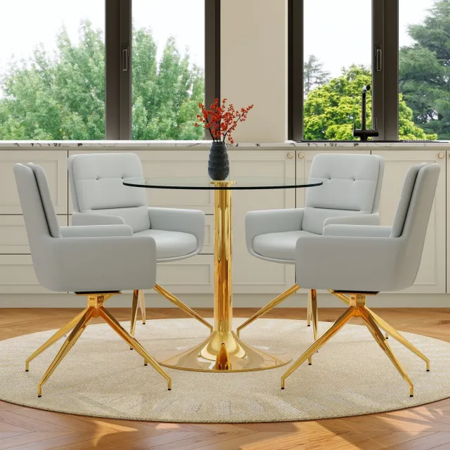 MODENUIT Eettafelset 85 cm - Ronde Tafel Met Draaibare Stoelen - Voor Eetkamer - Glas En Metaal - Goud En Lichtgrijs Goud, Lichtgrijs, Transparant