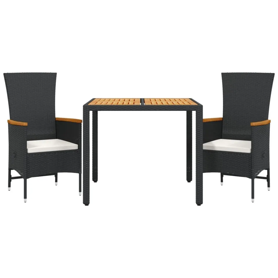 vidaXL 3-delige Tuinset met kussens poly rattan zwart