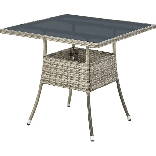 Juskys Polyrotan Tuintafel / Bijzettafel / Balkontafel Yoro - Vierkant - 80 x 80 cm - Grijs - Incl. Glasplaat