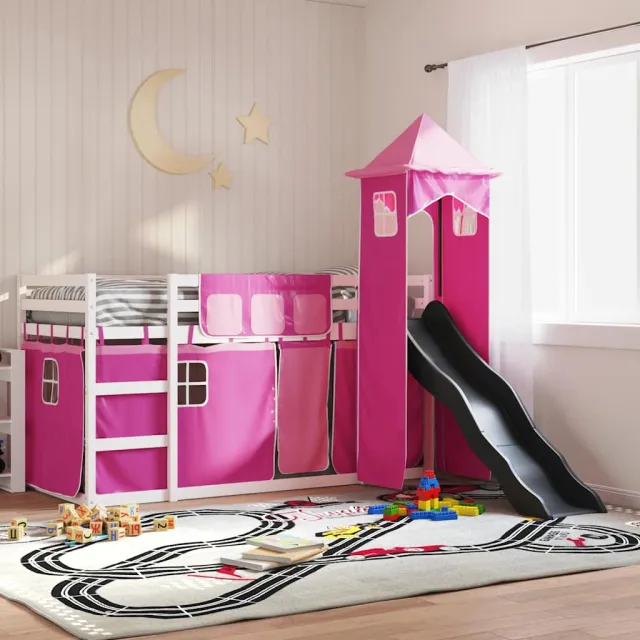vidaXL Stapelbed met glijbaan en gordijnen roze 90x200 cm