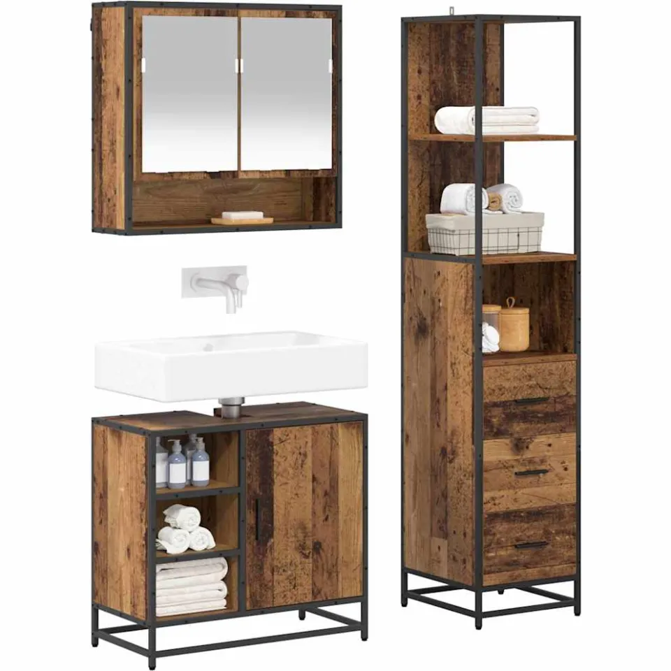 vidaXL Badkamermeubelset 3 st Oud Hout 35 x 37,5 x 166 cm Bewerkt hout Bruin
