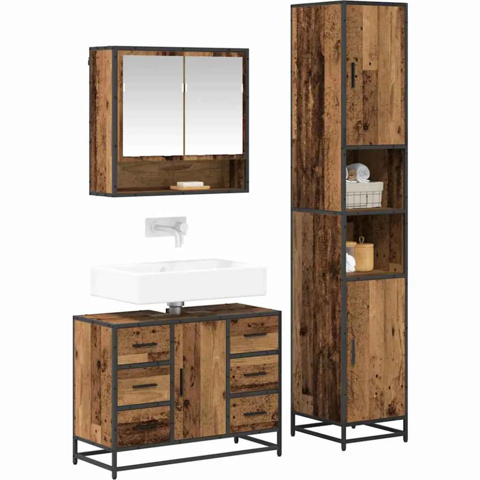 vidaXL Badkamermeubelset 3 st Oud Hout 90 x 33 x 60 cm Bewerkt hout Bruin