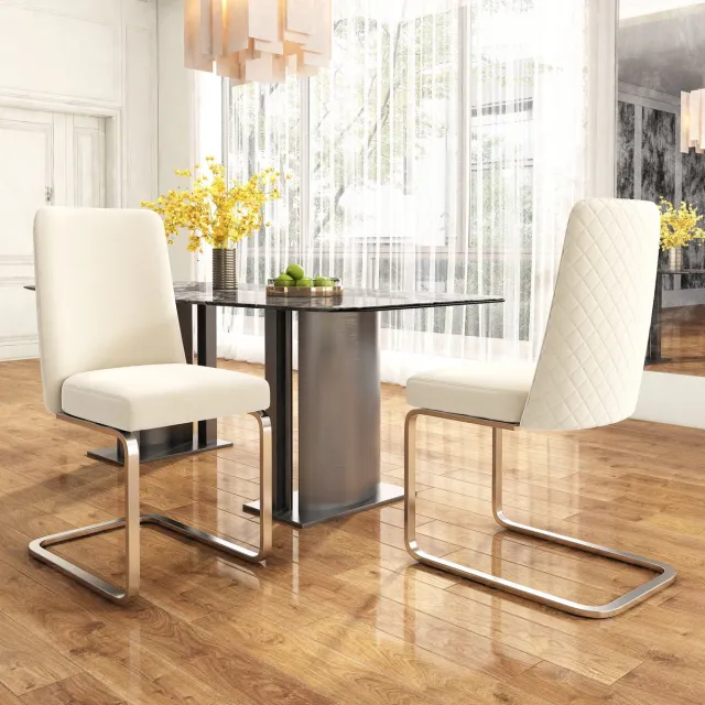MODENUIT Eetkamerstoel - Set van 2 - Ruitrug en Metalen Poten - Voor Eetkamer en Lounge - Fluweel Beige
