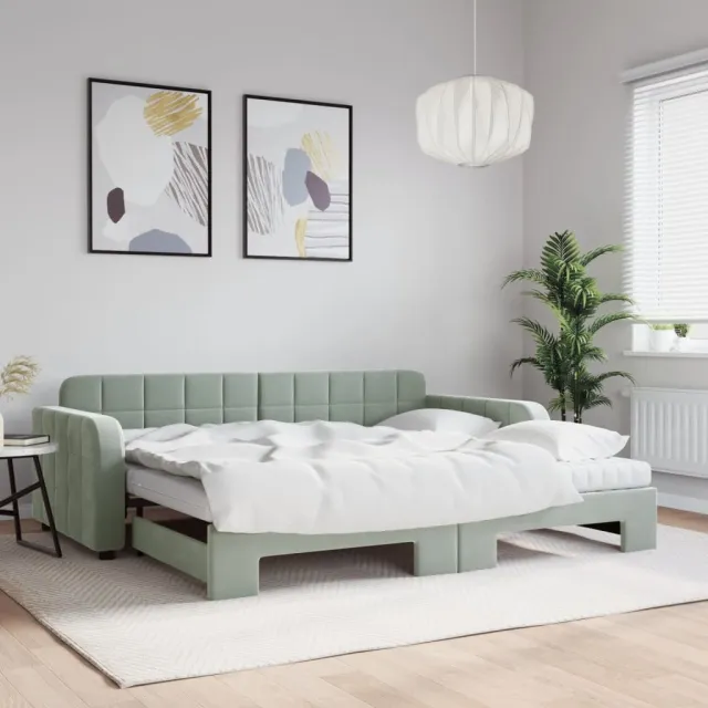 vidaXL Slaapbank onderschuifbed matrassen 100x200cm fluweel lichtgrijs grijs