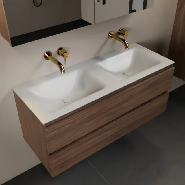 Mondiaz AIVY 120cm badmeubel Mocha, wastafel Talc solid surface dubbel zonder kraangat met spiegelkast (AI-351651TALC-NO - AI-M120MODU - AI-C120MOMI)