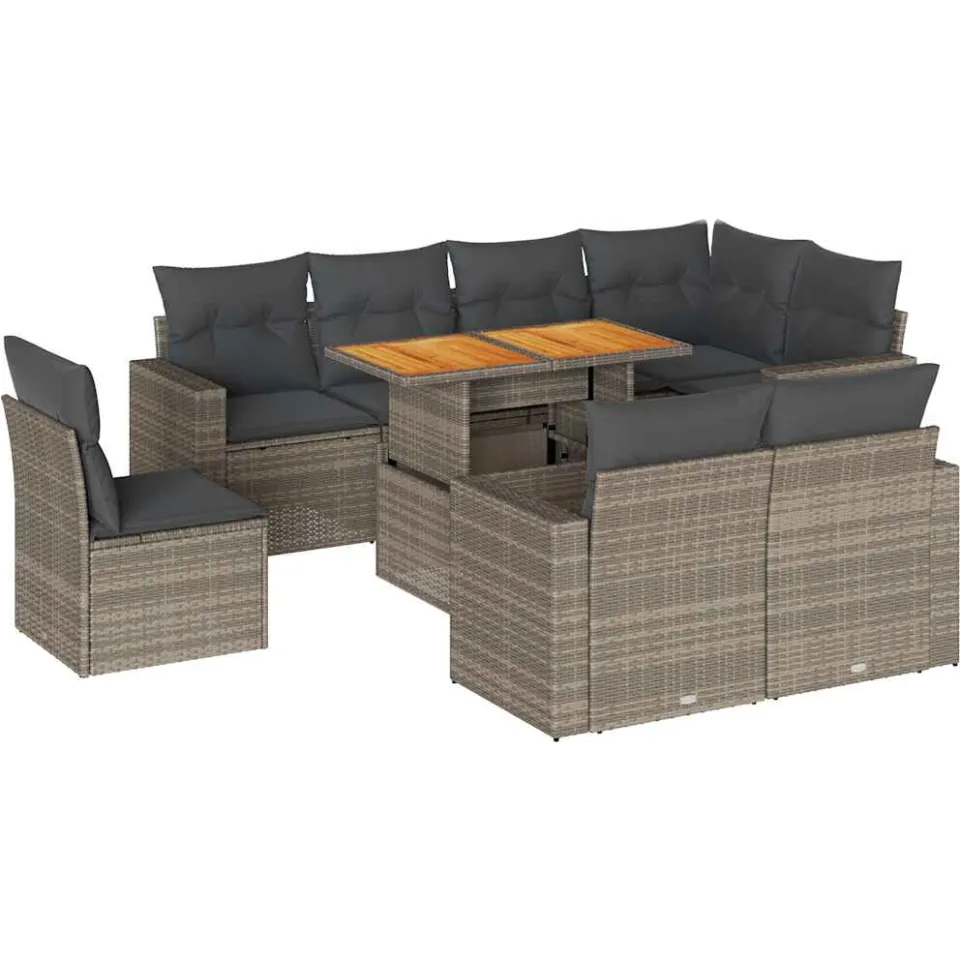 vidaXL 9-delige Loungeset met kussens poly rattan grijs, foto 3