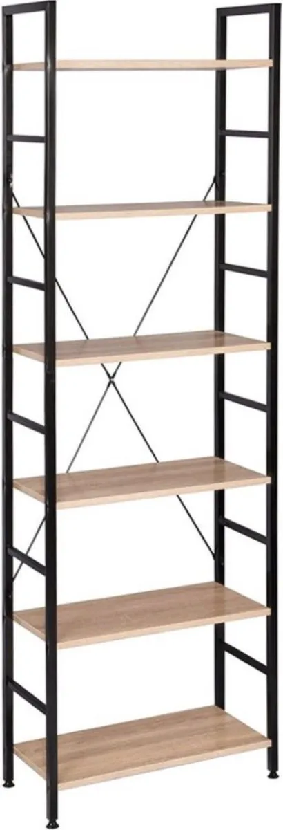 Bolt Edge Boekenkast - Zwart/Oak - Industrieel - 6 Lagen - 60x28x180cm - Hout/Metaal Eiken