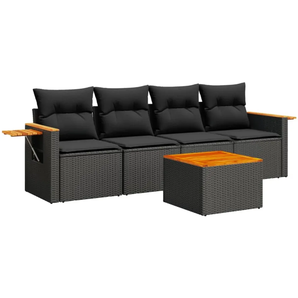 vidaXL 5-delige Loungeset met kussens poly rattan zwart, foto 3