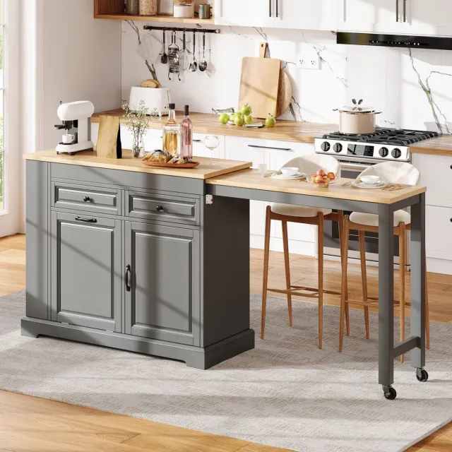 MEUNIQ Keukeneiland op wielen 112-180 x 45 x 92 cm met uitschuifbaar werkblad, afvalbakvak, 2 lades en kast met verstelbare plank voor keuken en eetkamer, grijs