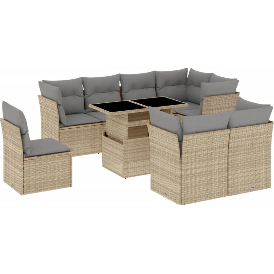 vidaXL 9-delige Loungeset met kussens poly rattan beige, foto 3