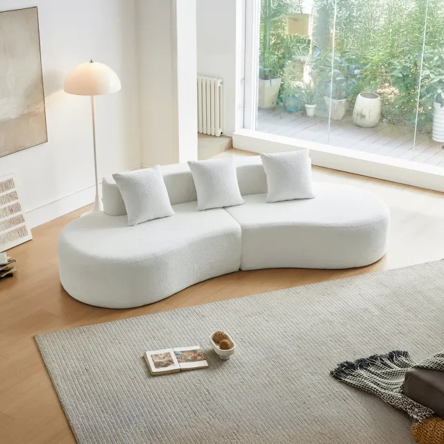 OKWISH Hoekbank 277 x 103 x 68 cm - 3-Zits Gebogen Design met Kussens - Modulaire Zitbank voor Woonkamer of Appartement - Fluweel - Wit