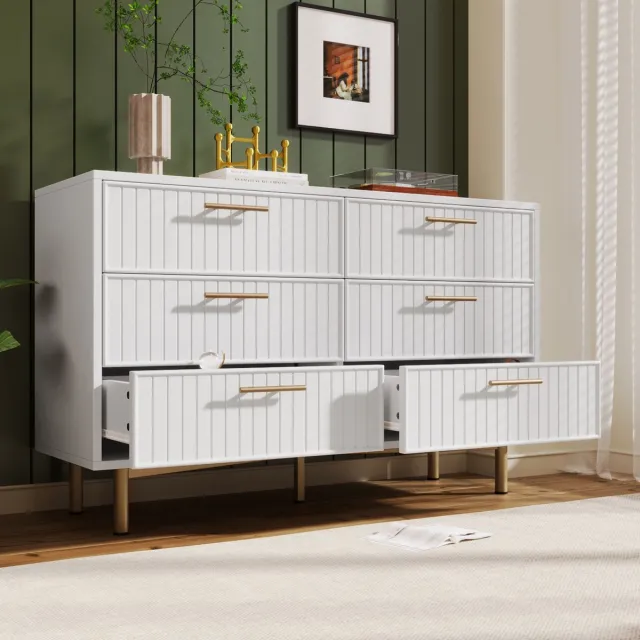 MIVRAY Ladekast - Moderne Opbergkast Met 6 Lades En Verstelbare Poot - Voor Slaapkamer En Woonruimte - Spaanplaat - Wit - 120x40x75 Cm