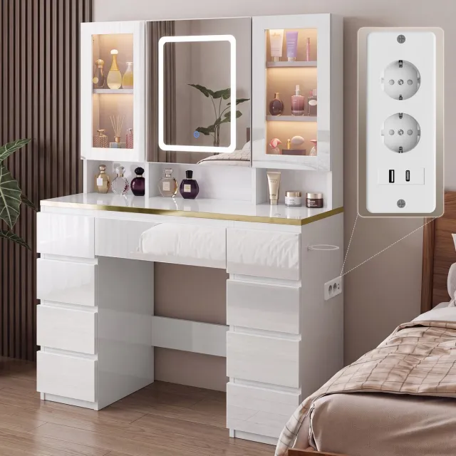 Devoko Kaptafel met LED-Spiegel en 2 Verlichte Vitrinekasten – 9 Laden, 3 Open Vakken en Verborgen Spiegelopberging – 2 Stopcontacten, USB, USB-C en Föhnhouder – 108 B × 40 D × 146 H cm – Hoogglans Wit