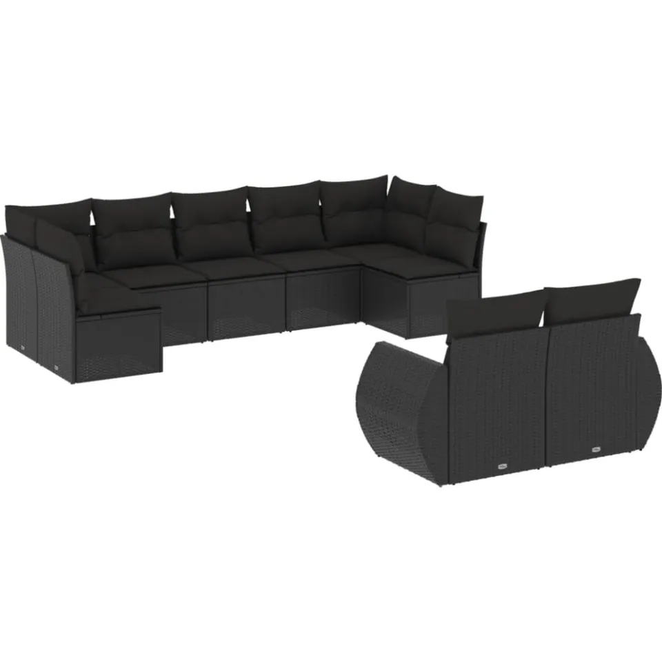 vidaXL 9-delige Loungeset met kussens poly rattan zwart, foto 3