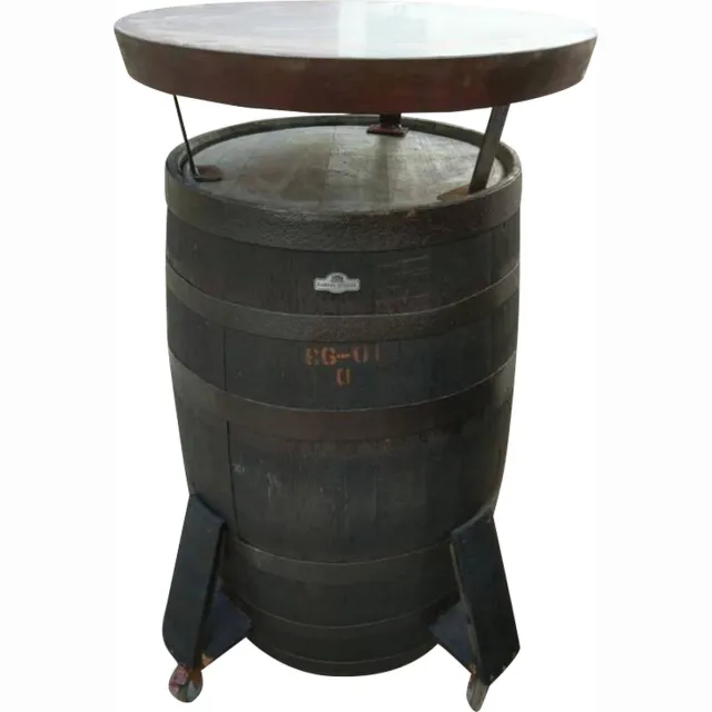 BarrelAtelier Bartafel Whisky 190l. "Whisky on wheels" / Statafel / Eikenhout / Whiskyvat / op wielen Donkerbruin