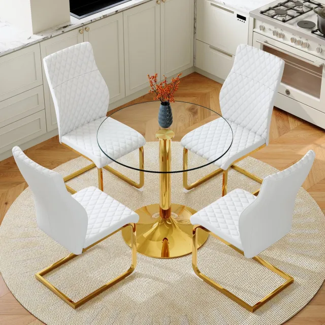 OKWISH Eethoek Set 85 Cm - Ronde Glazen Tafel Met 4 Eetkamerstoelen - Voor Eetkamer Of Woonruimte - Glas Metaal PU - Wit Goud Transparant, Wit En Goud