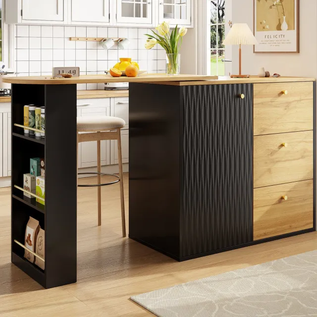 KOMHTOM BLACKCOLORS Uitschuifbare bartafel met opbergruimte (138-204×39×104 cm), 360° draaibare eettafel, moderne verplaatsbare bartafel, hoge keukeneiland-bistrotafel, dressoir met houtnerf Zwart