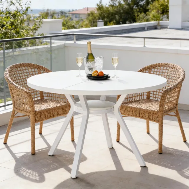 Wishdor Ronde eettafel - Modern wit design - Metaal en hout - Stevige framebasis - Voor 4-6 personen - Voor keuken en eetkamer - 120 cm - 76 cm hoog
