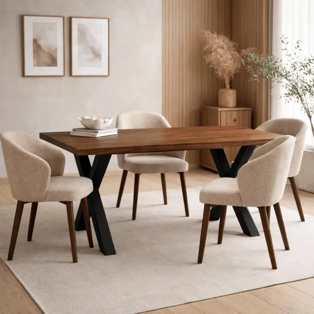 Dimehouse Eettafel Massief Eikenhout met Walnoot finish - 240x80 - Zwarte X-poot - Kumo Bruin