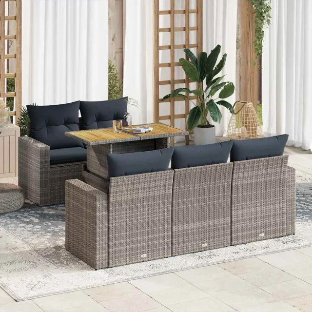 vidaXL 6-delige Loungeset met kussens poly rattan grijs, foto 2
