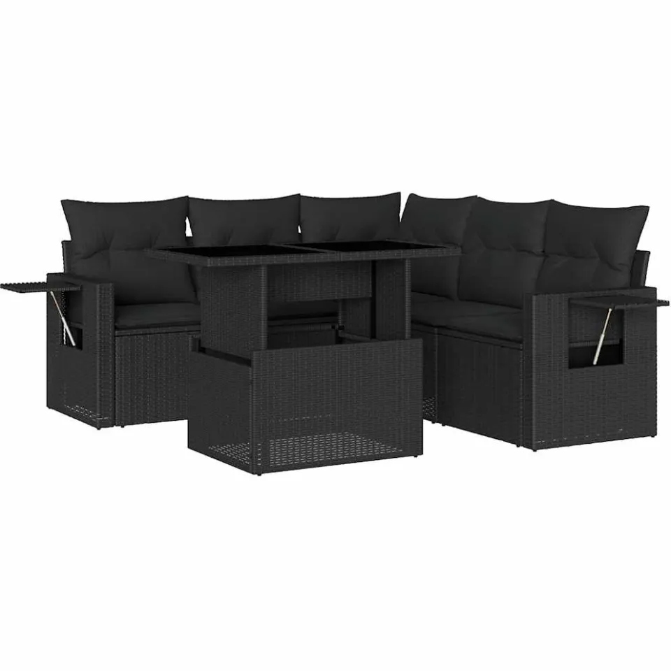 vidaXL 6-delige Loungeset met kussens poly rattan zwart, foto 3