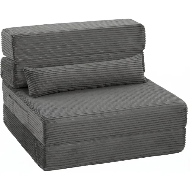 Homona Vloerfauteuil van cord - Vier-in-één inklapbaar slaapbankje - Met lendenkussen en opbergvakken - 70 x 200 x 12,5 cm - Donkergrijs