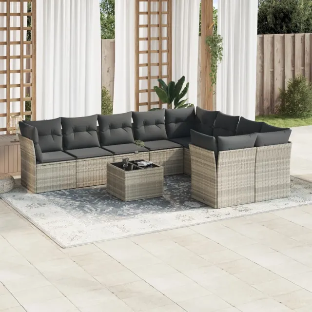 vidaXL 10-delige Loungeset met kussens poly rattan lichtgrijs grijs, foto 2