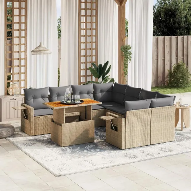 vidaXL 9-delige Loungeset met kussens poly rattan beige, foto 2