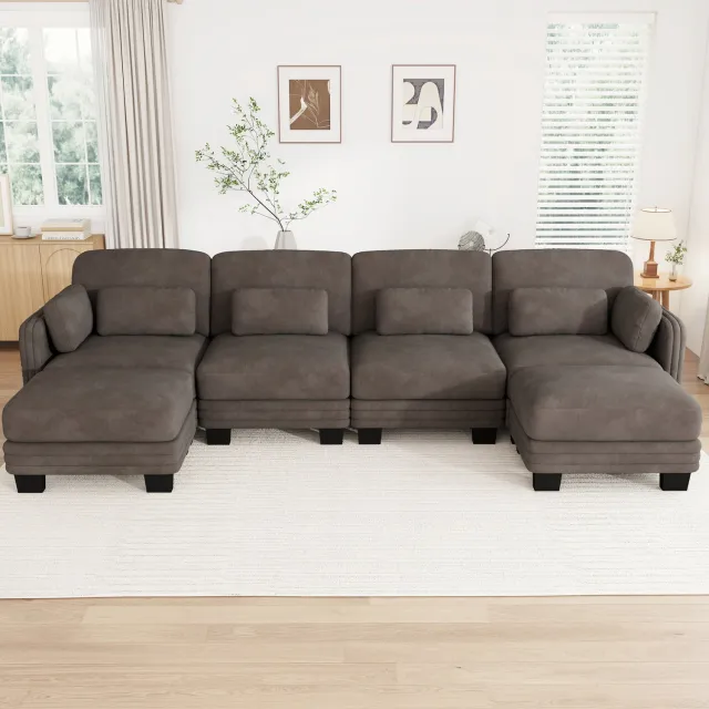MIVRAY U-Bank 330 x 143 x 88 cm - Modulaire Vierpersoonsbank met Twee Voetenbankjes en Verplaatsbare Kussens - Voor Woonkamer - Chenille - Bruin Grijs