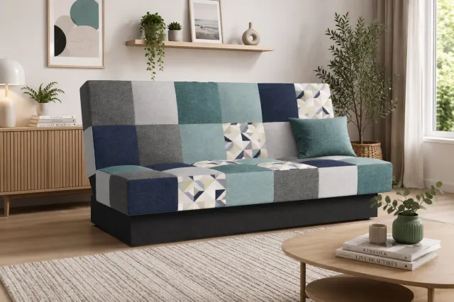 AJE Meubles B.V. Slaapbank, sofa met slaapfunctie en opbergruimte, moderne bank, 3-zits, Slaapbank - Cyprus patchwork - Lichtblauw + Grijs - Bragi 80/86/28/82/13 + M101