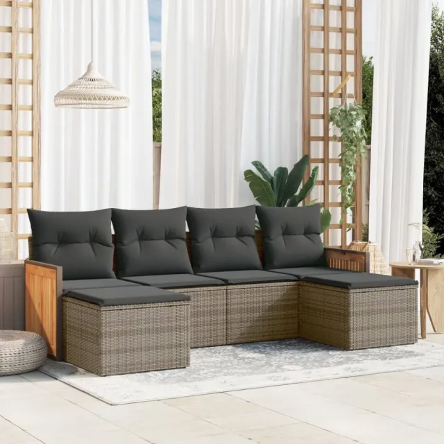 vidaXL 6-delige Loungeset met kussens poly rattan grijs, foto 2