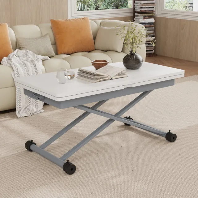 VOWNER Salontafel in Hoogte Verstelbaar - Uittrekbare Eettafel - Transformeerbare Salontafel 3-in-1 - Verstelbare Loungetafel - Uitklapbaar Houten Tafelblad - Gasveer Hefmechanisme - 100 x 100 x 71 cm - Wit Houtnerf