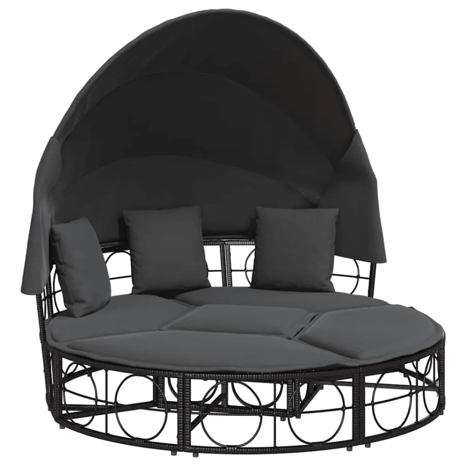 vidaXL Loungebed met luifel en kussens poly rattan zwart, foto 3