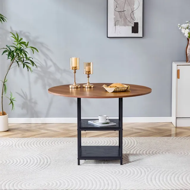 DESMIU Eettafel - Ronde Tafel Met Dubbele Open Opbergruimte - Voor Eethoek En Woonruimte - MDF En Metaal - 107x107x75 Cm - Zwart Walnoot
