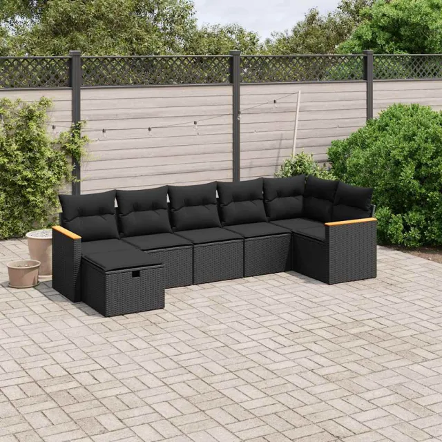 vidaXL 7-delige Loungeset met kussens poly rattan zwart, foto 2