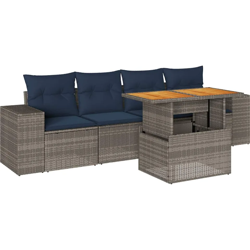 vidaXL 5-delige Loungeset met kussens poly rattan grijs, foto 3