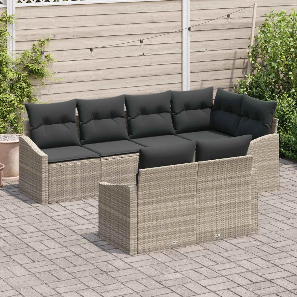 vidaXL Tuinbankenset 7 st Lichtgrijs poly rattan, foto 3