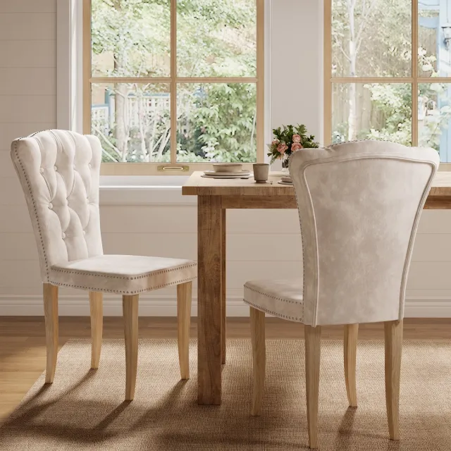 SHOPENTRA Eetkamerstoelen set van 2 beige fluweel met knooptufting, spijkerdecoratie en houten poten