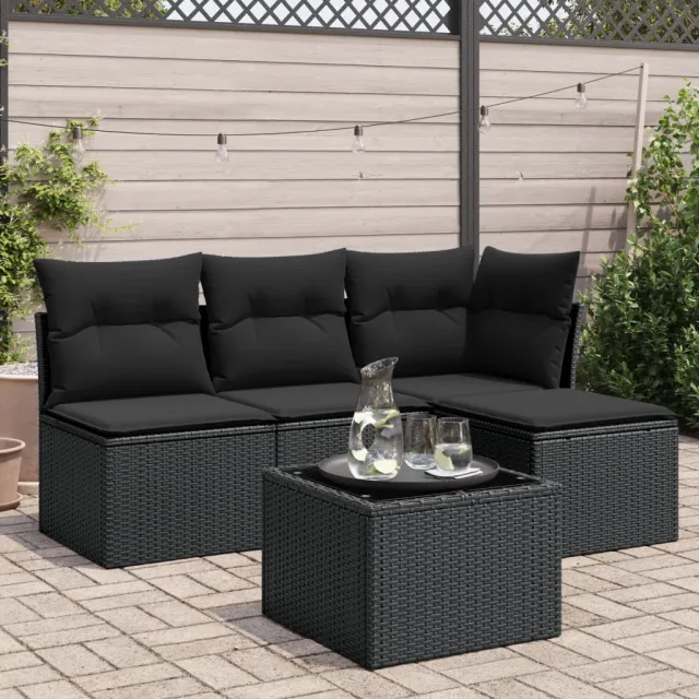 vidaXL 5-delige Loungeset met kussens poly rattan zwart, foto 2