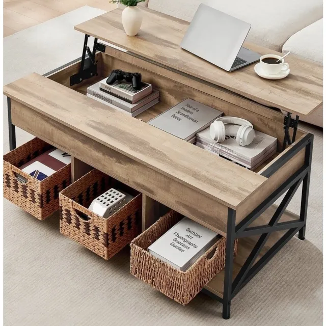 Klarven Salontafel Kameelbruin-Zwart - Verstelbare Salontafel - Salontafel met Opbergruimte - Salontafel - Verstelbaar Blad, 3 Open Vakken