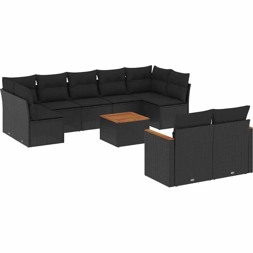 vidaXL 10-delige Loungeset met kussens poly rattan zwart