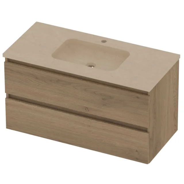 Basic-Line Rocky 46 Badmeubelset Hardsteen 1 Kraangat Greeploos 100x46x54 cm Pure Oak Sand Stone Beige