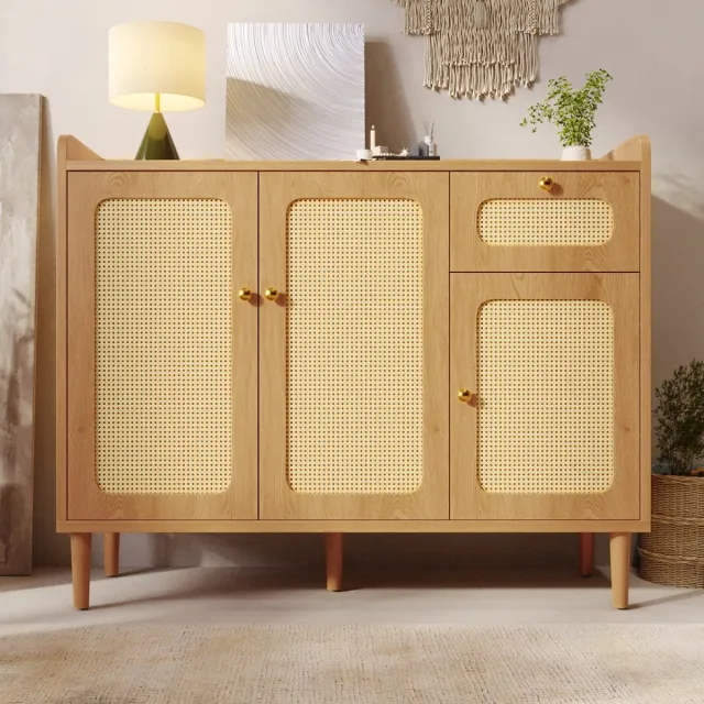 Zubaliya Dressoir 120x40x91cm met Rotan-vlechtwerk, Ladekast in Eikenlook met 3 Deuren en 1 Lade, Dressoir met Soft-close scharnieren, Multifunctionele kast voor Woonkamer, Keuken, Hal Oak