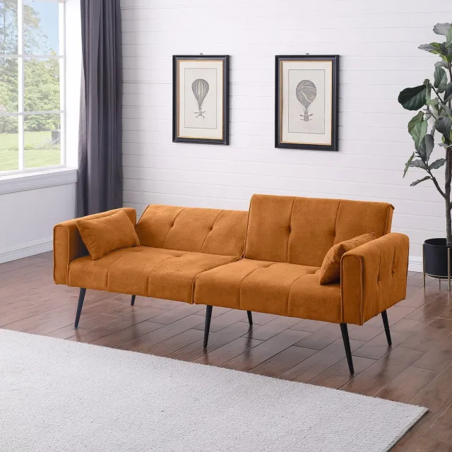 MODENUIT Slaapbank - Opvouwbaar Met Rugleuning En Metalen Poten - Voor Woonkamer En Studeerkamer - Stof Oranje Geel